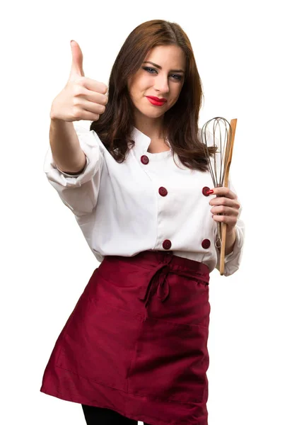 Prachtige Chef Kok Vrouw Met Duim Omhoog — Stockfoto