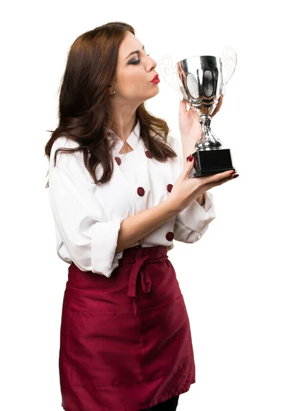 Hermosa Chef Mujer Sosteniendo Trofeo —  Fotos de Stock