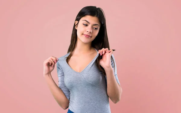 Adolescente Menina Orgulhoso Auto Satisfeito Amor Conceito Fundo Rosa — Fotografia de Stock