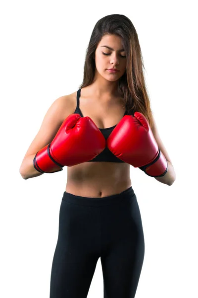 Jovem Menina Esporte Com Luvas Boxe — Fotografia de Stock