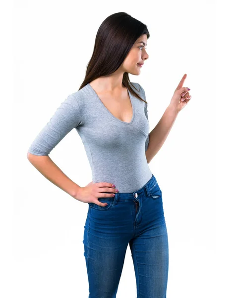 Teenager Girl Pointing Back Index Finger — Stock Photo, Image