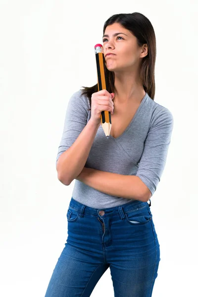 Adolescente Chica Sosteniendo Lápiz Grande —  Fotos de Stock