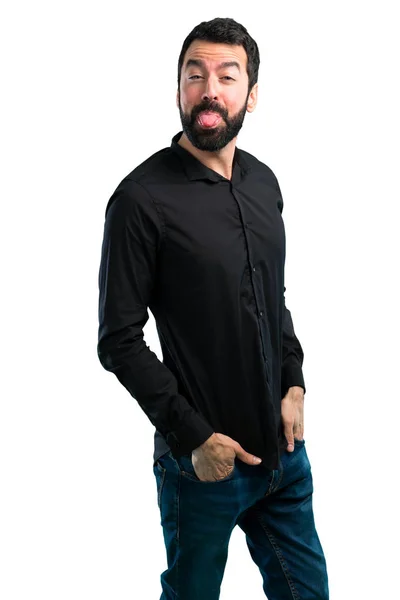 Handsome Man Beard Taking Out His Tongue White Background — Stock Photo, Image