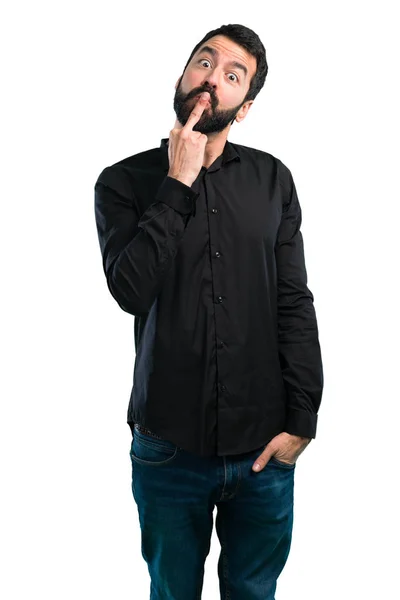 Handsome Man Beard Making Horn Gesture White Background — Stock Photo, Image