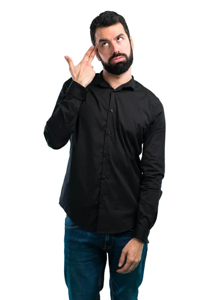 Handsome Man Beard Making Suicide Gesture White Background — Stock Photo, Image