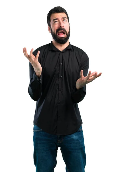 Hombre Guapo Frustrado Con Barba Sobre Fondo Blanco — Foto de Stock