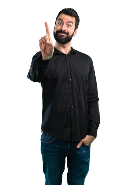 Hombre Guapo Con Barba Contando Uno Sobre Fondo Blanco — Foto de Stock