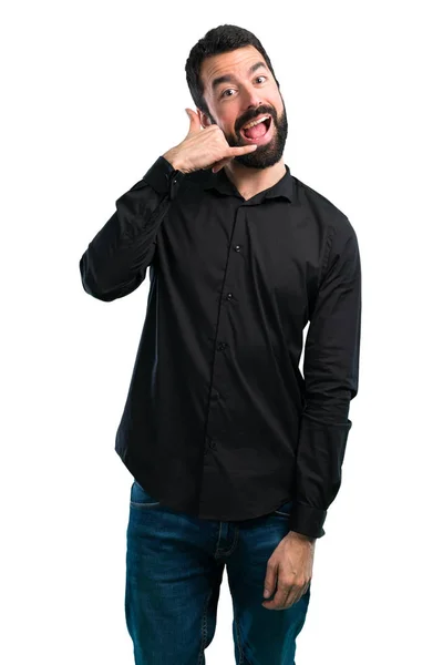 Handsome Man Beard Making Phone Gesture White Background — Stock Photo, Image