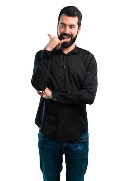 Handsome Man Beard Making Phone Gesture White Background — Stock Photo, Image