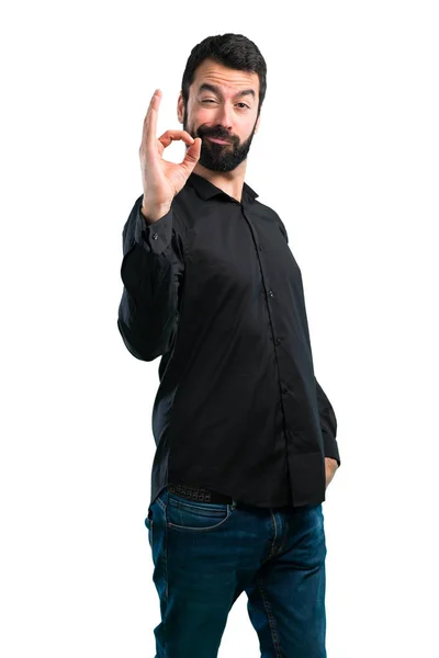 Handsome Man Beard Making Sign White Background — Stock Photo, Image