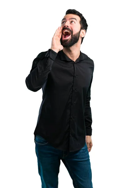 Handsome Man Beard Shouting White Background — Stock Photo, Image