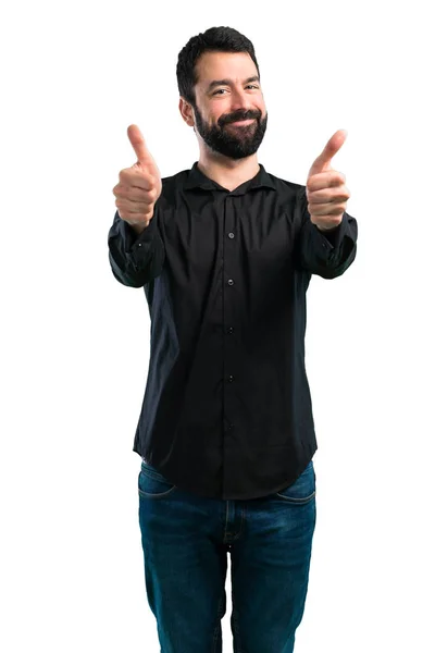 Bonito Homem Com Barba Com Polegar Fundo Branco — Fotografia de Stock