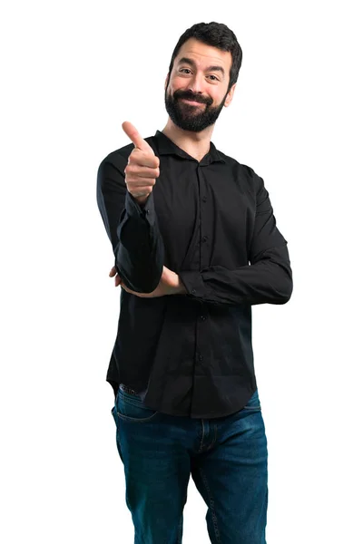 Bonito Homem Com Barba Com Polegar Fundo Branco — Fotografia de Stock