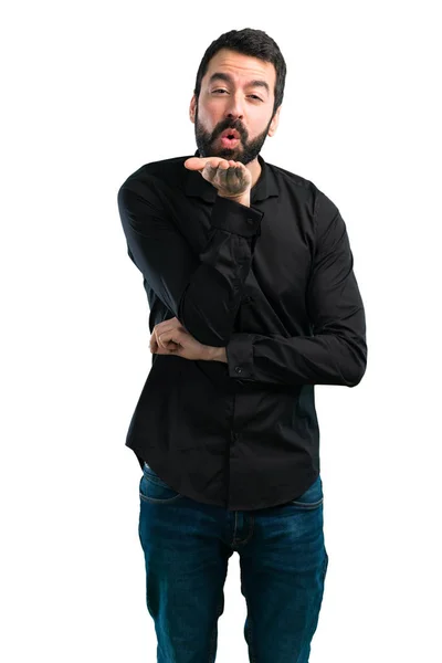 Hombre Guapo Con Barba Enviando Beso Sobre Fondo Blanco — Foto de Stock