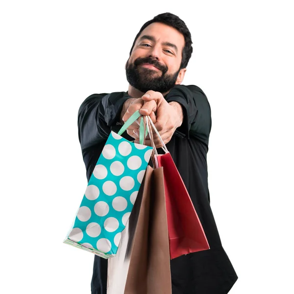 Hombre Guapo Con Barba Con Bolsa Compras Sobre Fondo Blanco —  Fotos de Stock