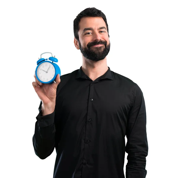 Handsome Man Beard Holding Vintage Clock White Background — Stock Photo, Image