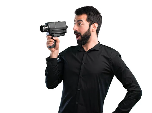 Schöner Mann Mit Bart Filmt Auf Weißem Hintergrund — Stockfoto