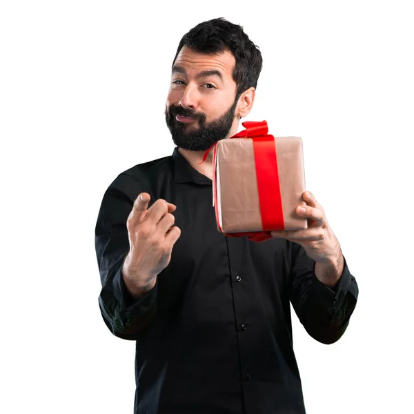 Handsome Man Beard Holding Gift White Background — Stock Photo, Image