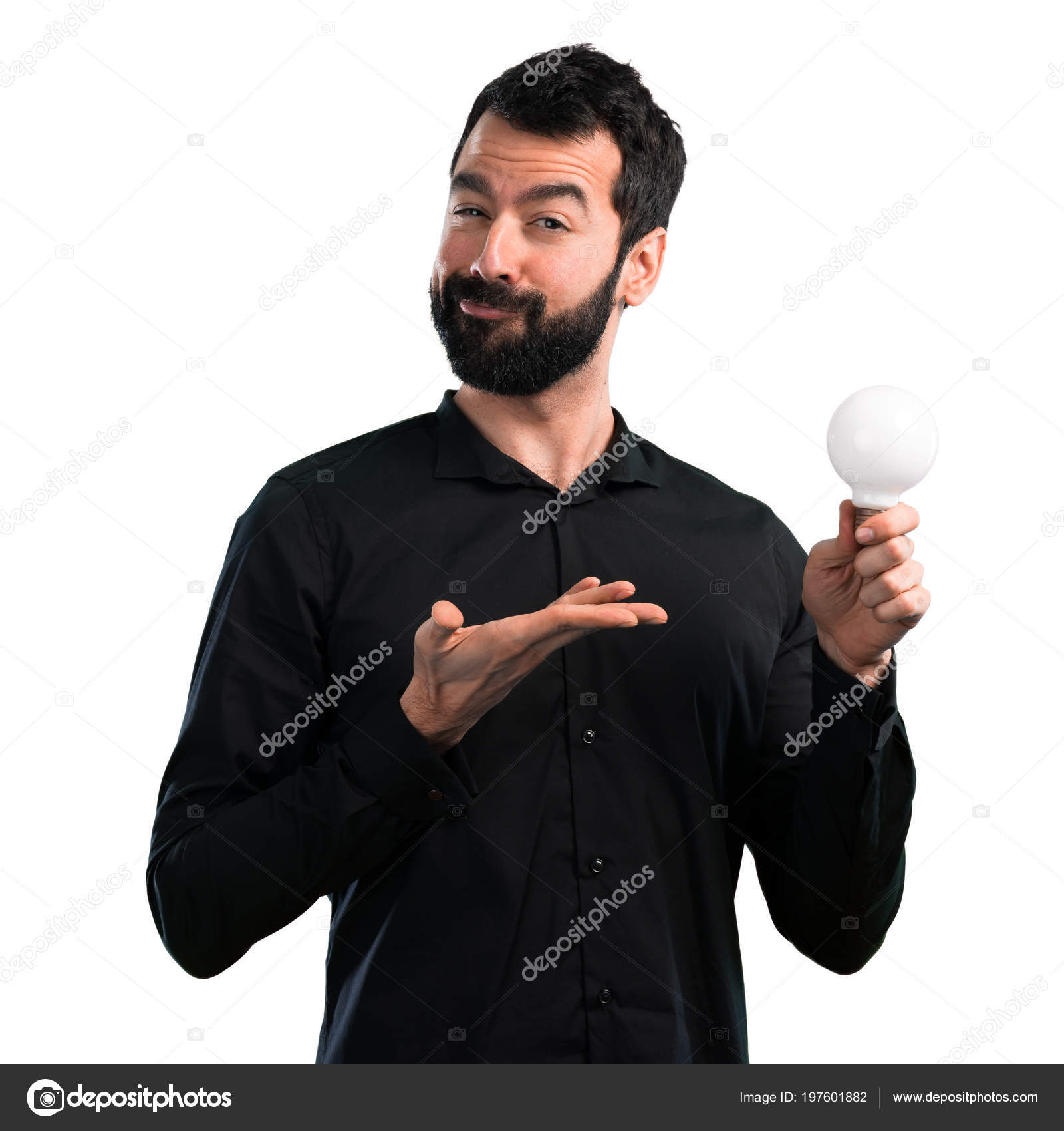 Handsome Man Beard Holding Bulb White Background Stock Photo