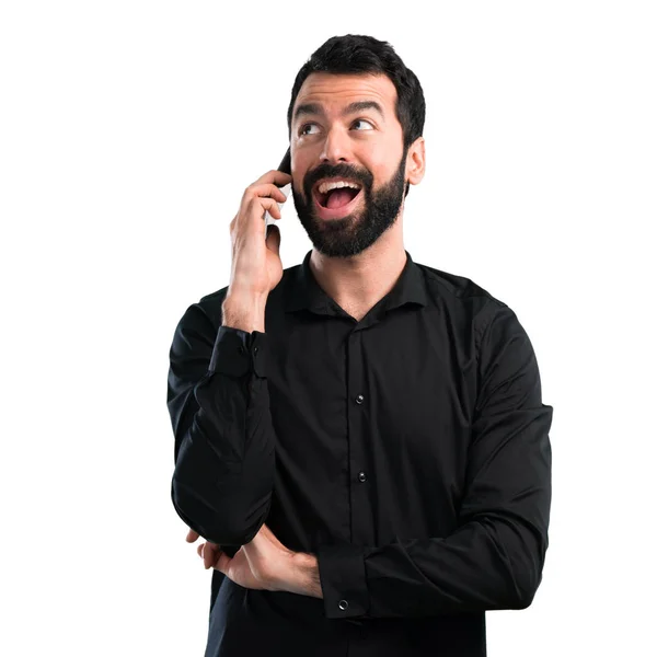 Handsome Man Beard Talking Mobile White Background — Stock Photo, Image