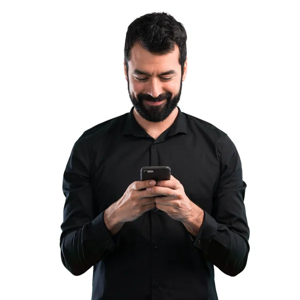 Handsome Man Beard Talking Mobile White Background — Stock Photo, Image