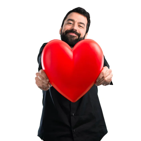 Bonito Homem Com Barba Segurando Brinquedo Coração Fundo Branco — Fotografia de Stock