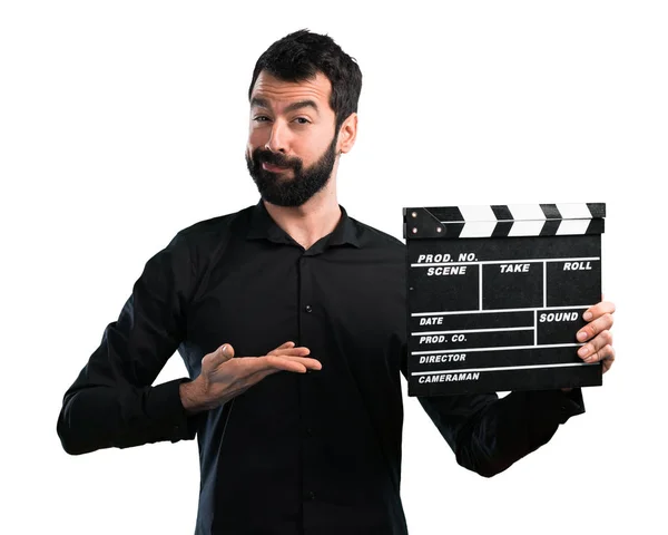 Handsome Man Beard Holding Clapperboard White Background — Stock Photo, Image