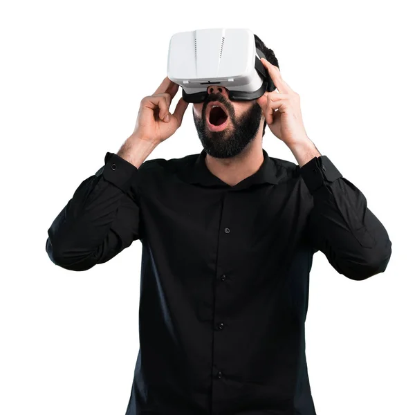 Hombre Guapo Con Barba Usando Gafas Sobre Fondo Blanco — Foto de Stock