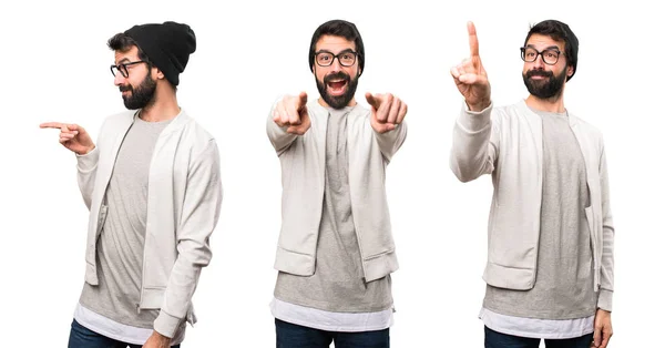 Set Van Hipster Man Wijst Naar Voorkant Laterale Omhoog — Stockfoto