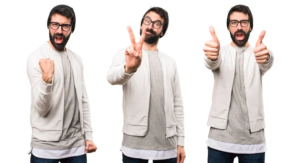 Set Hipster Man Making Victory Gesture — Stock Photo, Image