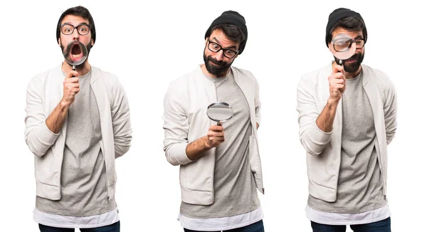 Set Hipster Man Met Vergrootglas — Stockfoto