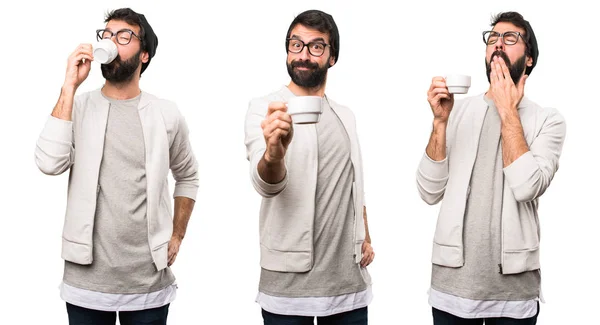 Zestaw Happy Hipster Człowieka Trzymając Kubek Kawy — Zdjęcie stockowe