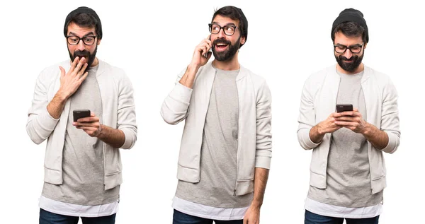 Zestaw Happy Hipster Człowieka Rozmawia Mobilnych — Zdjęcie stockowe