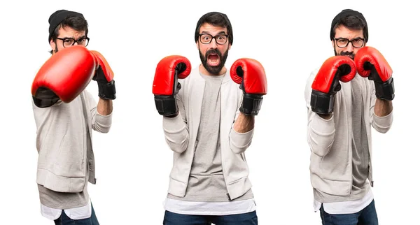 Conjunto Hombre Hipster Feliz Con Guantes Boxeo —  Fotos de Stock