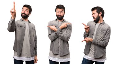 Laterallerin şüpheleri ve işaret eden oktan yukarı işaret eden sakallı yakışıklı adam kümesi