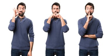 Sessizlik jest yapma sakallı yakışıklı esmer adam ayarla