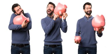 Sakallı bir servet tutan sürpriz yakışıklı esmer adam kümesi