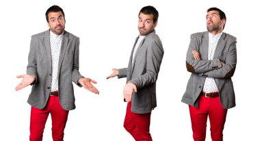 Yakışıklı adam önemsiz jest yapma kümesi