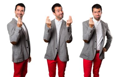 Yakışıklı adam para jest yapma kümesi