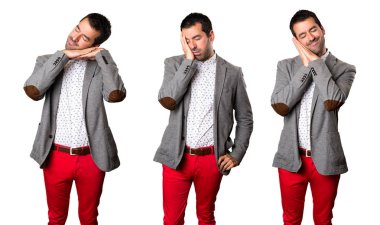 Yakışıklı adam uyku jest yapma kümesi