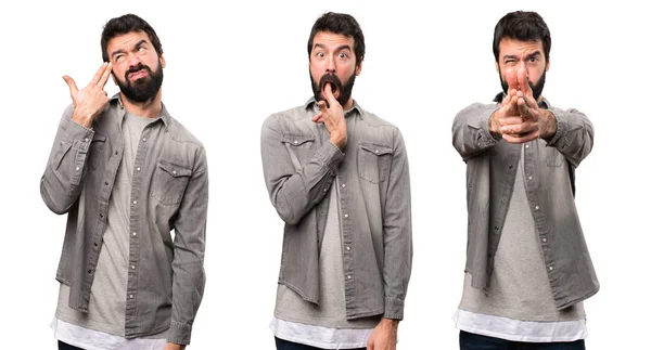 Set Handsome Man Beard Making Suicide Gesture — Stock Photo, Image