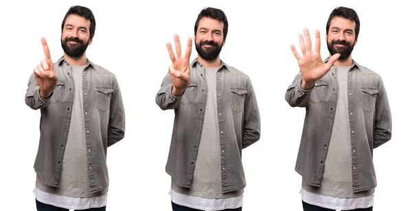 Set Handsome Man Beard Counting Three One Five — Stock Photo, Image