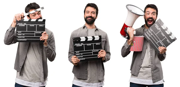 Set Handsome Man Beard Holding Clapperboard — Stock Photo, Image