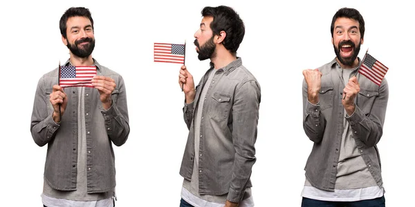 Conjunto Hombre Guapo Con Barba Sosteniendo Una Bandera Americana —  Fotos de Stock