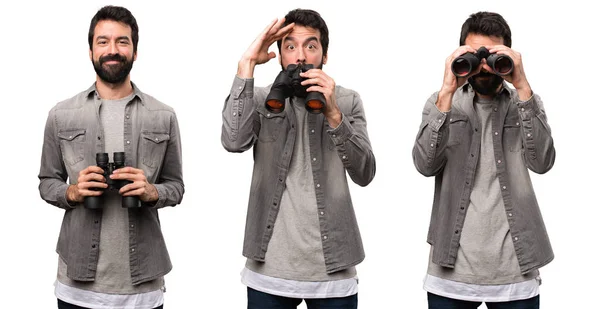 Set Handsome Man Beard Binoculars — Stock Photo, Image