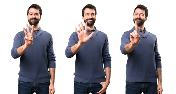 Conjunto Bonito Morena Homem Com Barba Contando Cinco Três — Fotografia de Stock