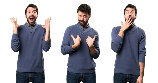 Set Handsome Brunette Man Beard Making Surprise Gesture — Stock Photo, Image