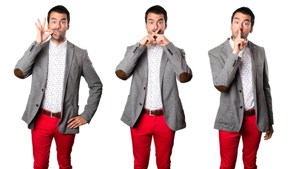 Conjunto Homem Bonito Fazendo Gesto Silêncio — Fotografia de Stock