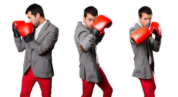 Set Guapo Hombre Con Guantes Boxeo —  Fotos de Stock