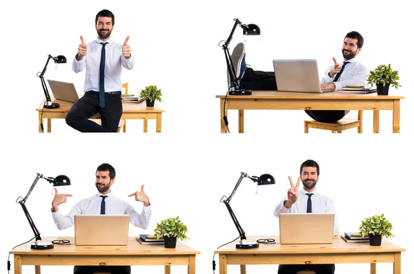 Businessman His Office Doing Victory Gesture — Stock Photo, Image